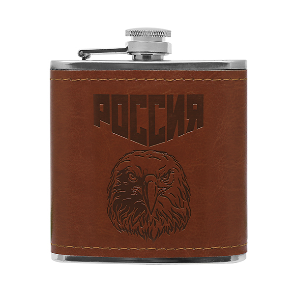 Фляга (нерж. сталь) с тиснением на коже Россия (орел) (6 oz (180 мл)