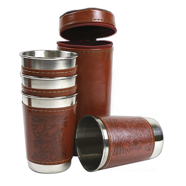 Стопки мет. (4х125 мл) с тиснением на коже Афган (в чехле)