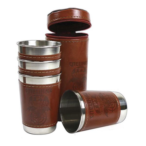 Стопки мет. (4х125 мл) с тиснением на коже Спецназ ГРУ (в чехле)