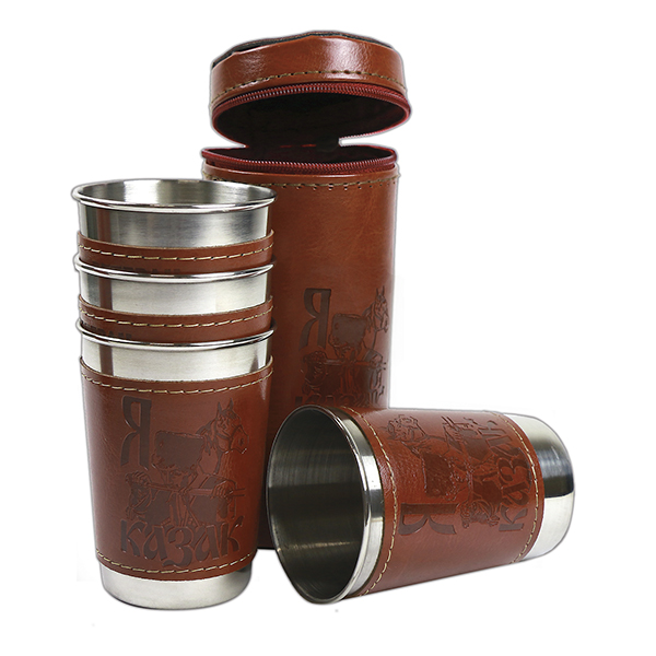 Стопки мет. (4х125 мл) с тиснением на коже Я казак (в чехле)