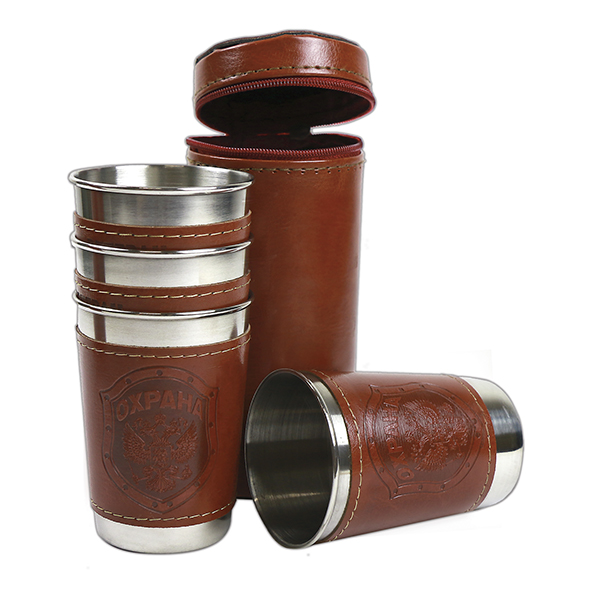 Стопки мет. (4х125 мл) с тиснением на коже Охрана (шеврон) в чехле