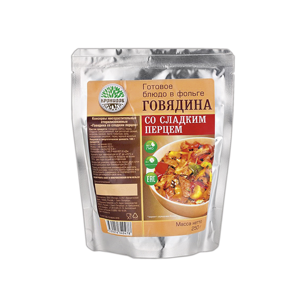 Консервы мясорастительные Говядина со сладким перцем (250 г) (готовое блюдо в фольге)