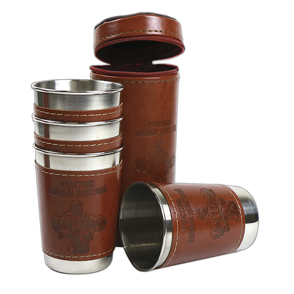 Стопки мет. (4х125 мл) с тиснением на коже Участник боевых действий (в чехле)
