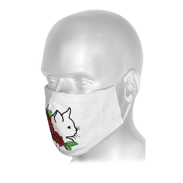 Маска тканевая двухслойная с вышивкой Кот (белая)