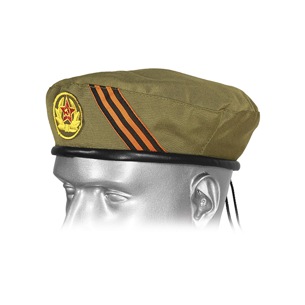 Берет сувенирный оливковый с нашитой кокардой СА и Георгиевской лентой